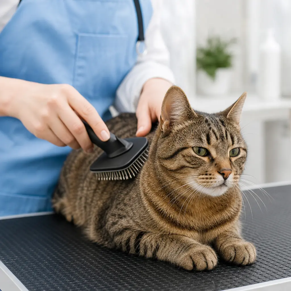 Gato sendo escovado no serviço de estética da Petcenter