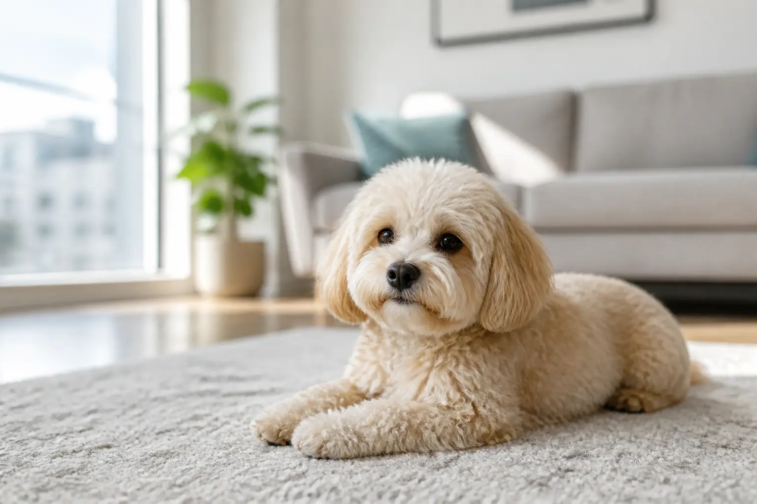 Cachorro pequeno tranquilo na sala de um apartamento