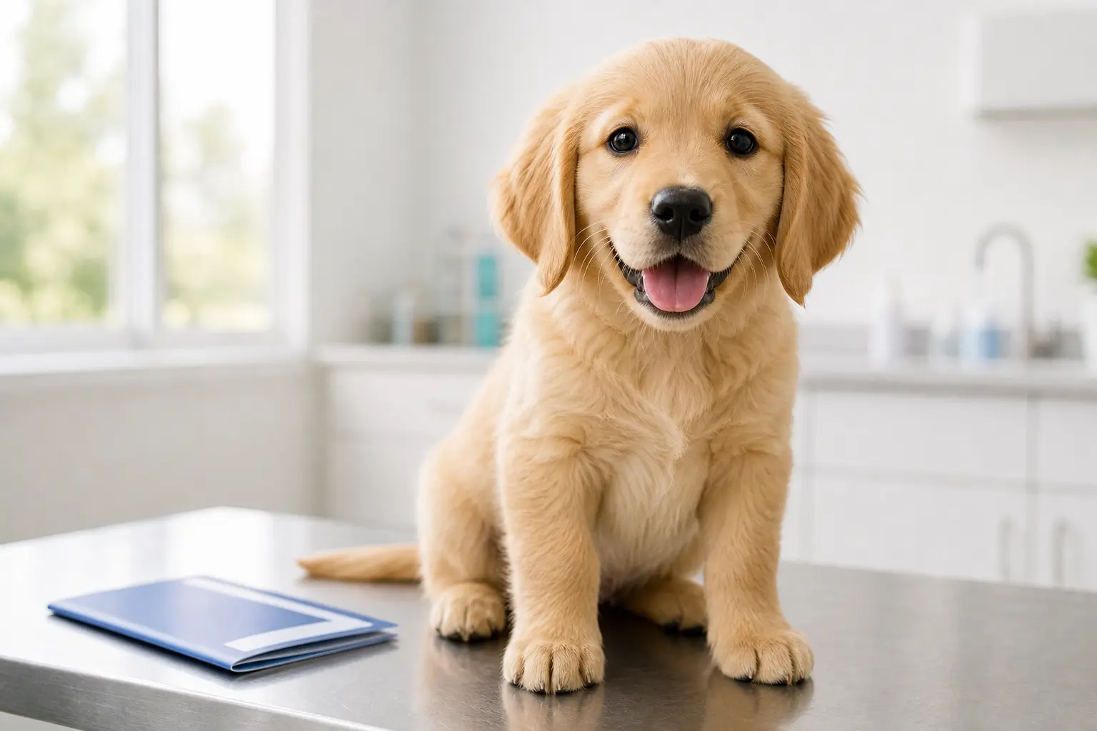 Filhote saudável sendo avaliado na clínica veterinária